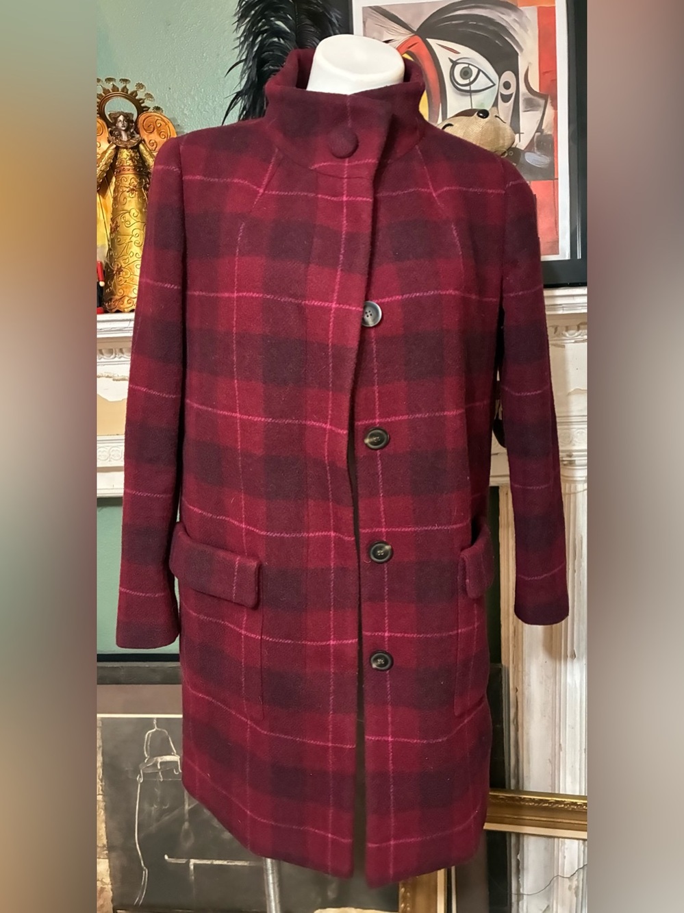 Fossil brand ladies Burgundy Plaid Wool Coat - Classic Stand Collar-wool/angora-